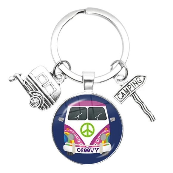 None Accessories - Keychain Retro Van Peace Sign Groovy Magenta